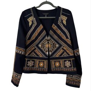 Tribal Jacket Womens S Black‎ Embroidered V-Neck Hook Front Boho Aztec Unique